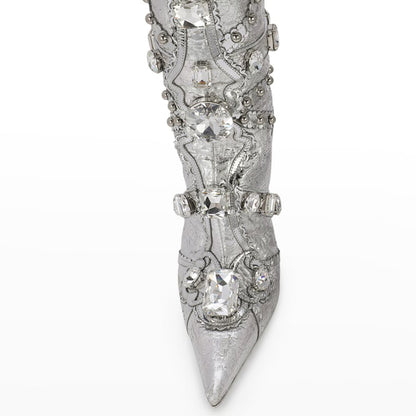 Silver Metallic Rhinestone Embellished Stiletto Heel Knee High Boots