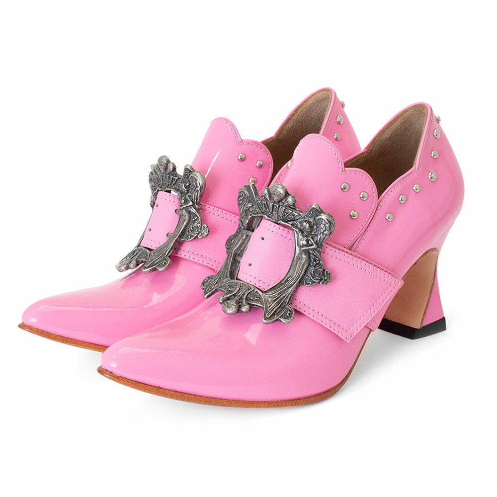 Pink Pointed Toe Hardware Buckle Decor Studded Heeled Loafers