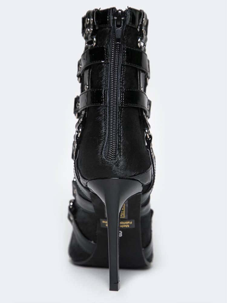 Black Faux Fur Patchwork Buckle Strap Studded Heeled Ankle Boots