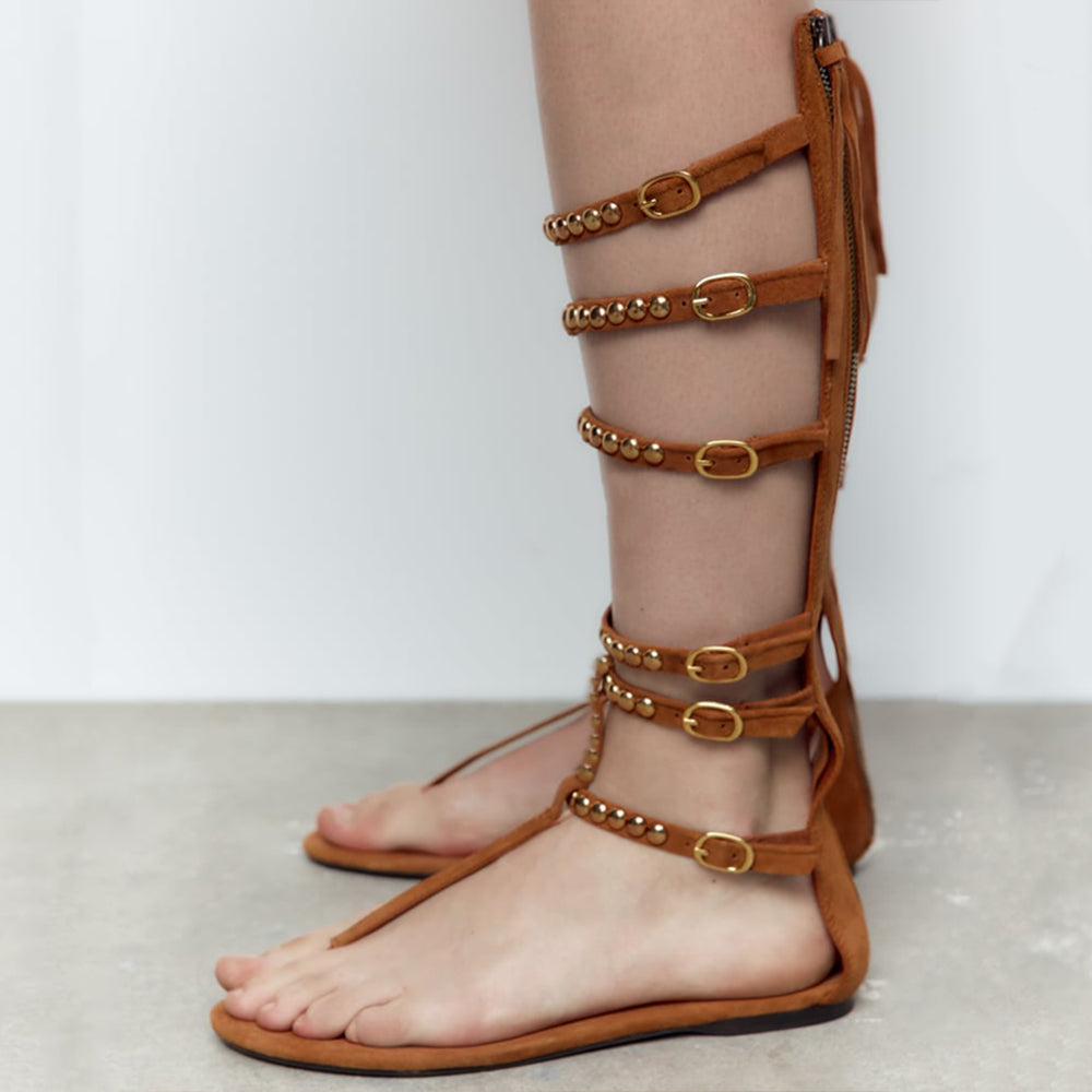 Brown Pointed Toe Strappy Sandals With Rivet Buckles Flats Gladiator Sandals