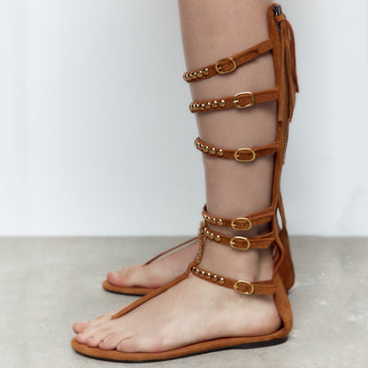 Brown Pointed Toe Strappy Sandals With Rivet Buckles Flats Gladiator Sandals