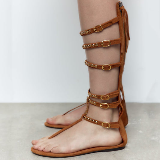 Brown Pointed Toe Strappy Sandals With Rivet Buckles Flats Gladiator Sandals