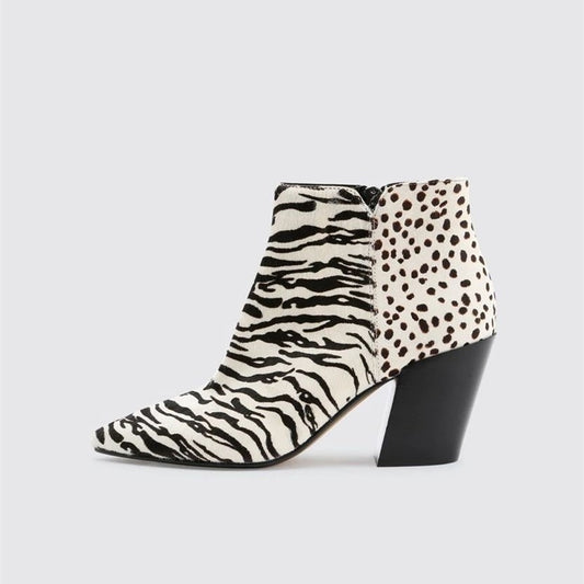 Black and White Horsehair Block Heel Boots Zebra Print Ankle Boots