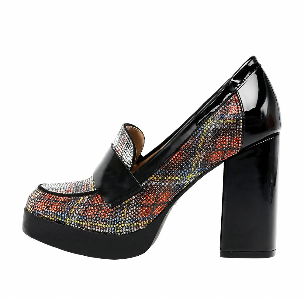 Stylish Multicolor Rhinestone Block Heel Round Toe Platform Loafers