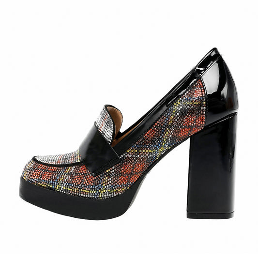 Stylish Multicolor Rhinestone Block Heel Round Toe Platform Loafers