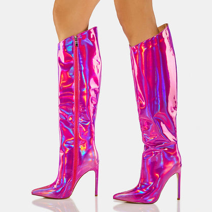 Pink Iridescent Pointed Toe Stiletto Heel Knee High Boots for Women