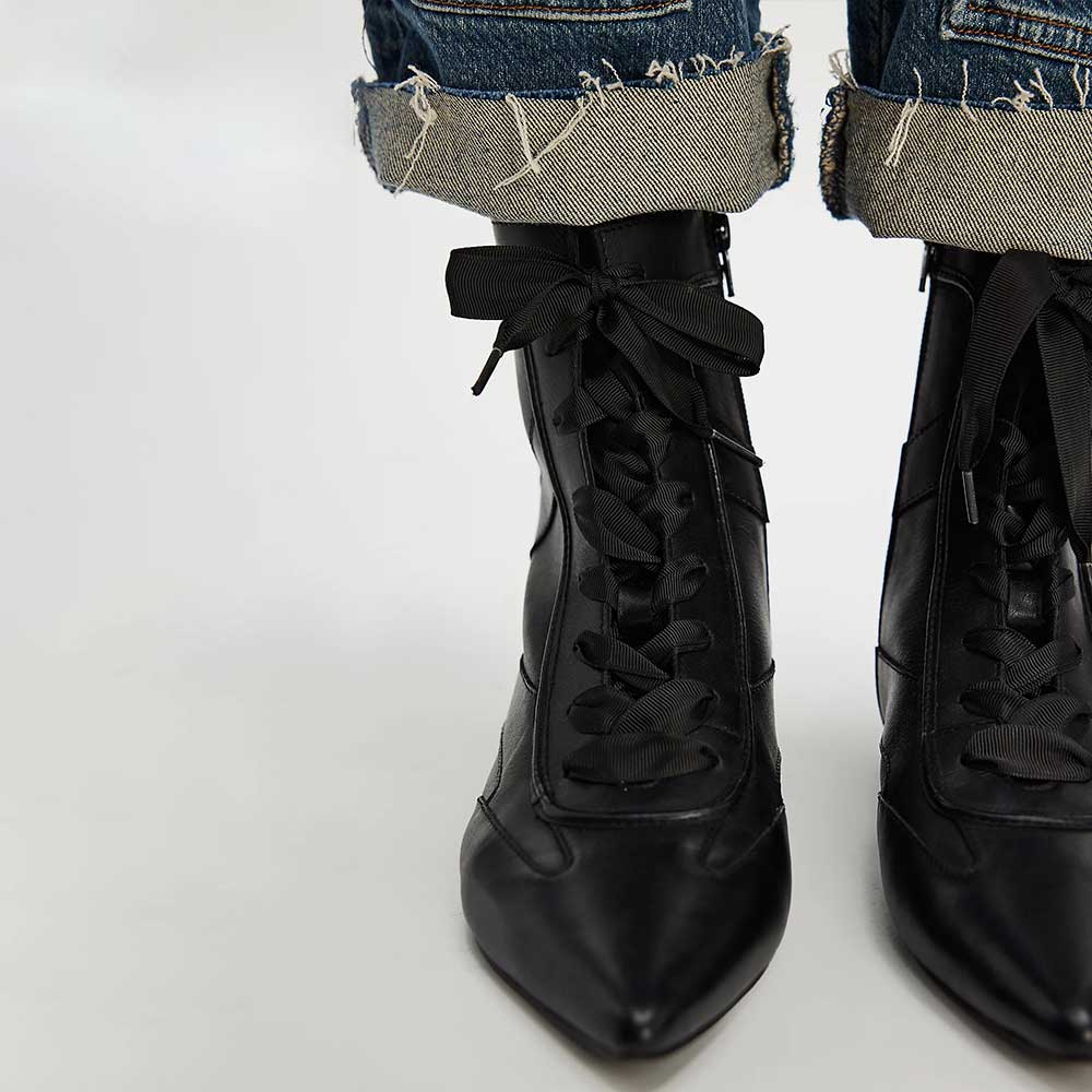 Black Pointed Toe Lace-Up Flat Ankle Boots for Women with Side Zipper