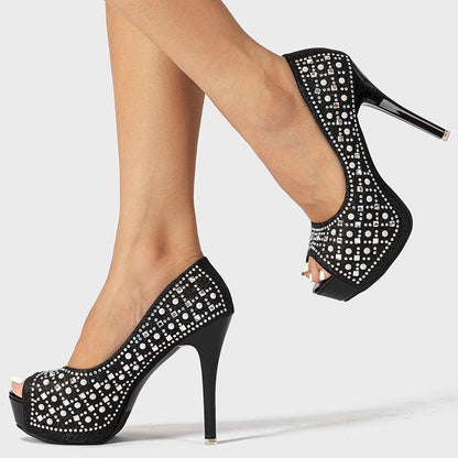 Women's Platform Stiletto Heels Elegant Peep Toe Rhinestone Pumps