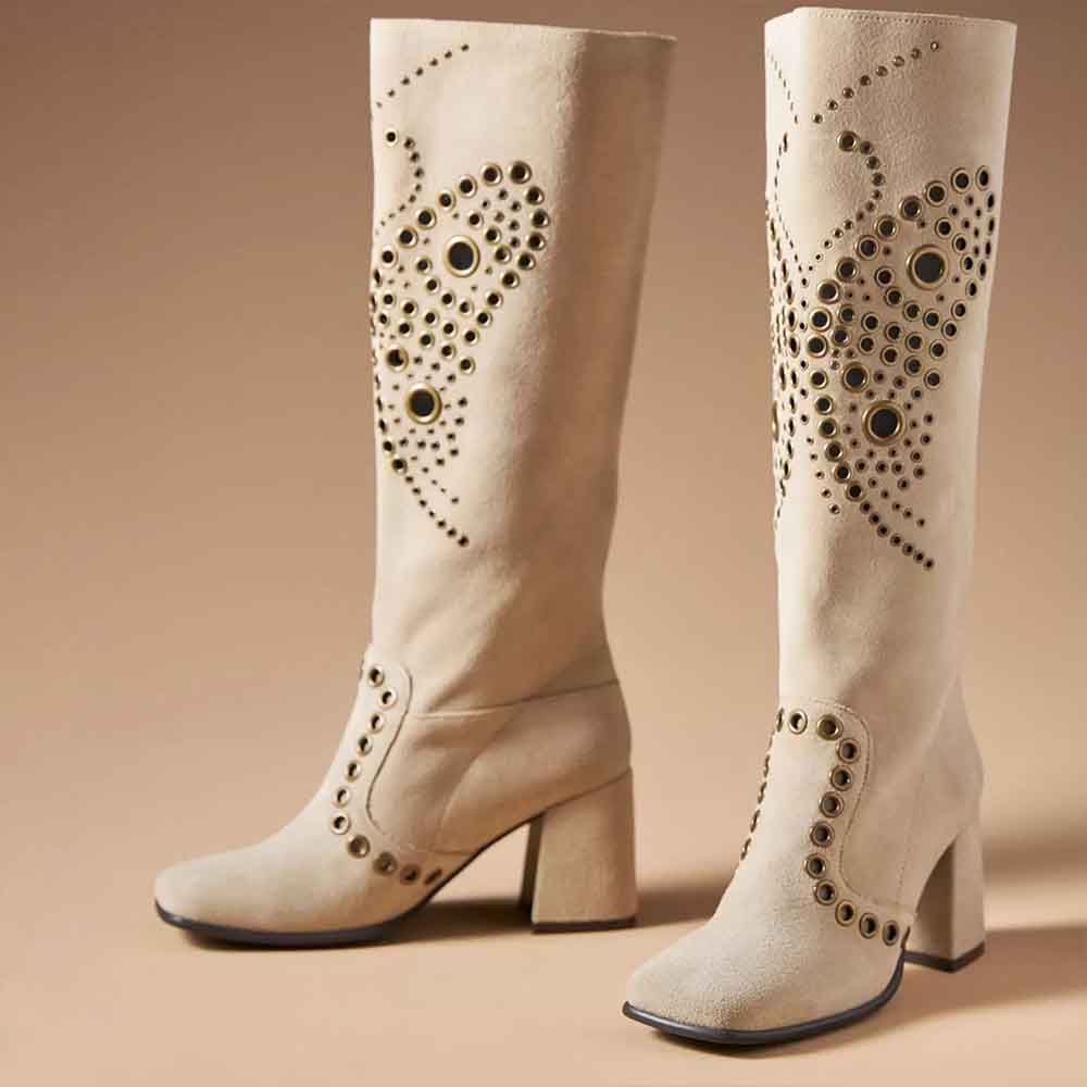 Beige Vegan Suede Square Toe 3'' Block Heel Cut-Out Knee High Boots