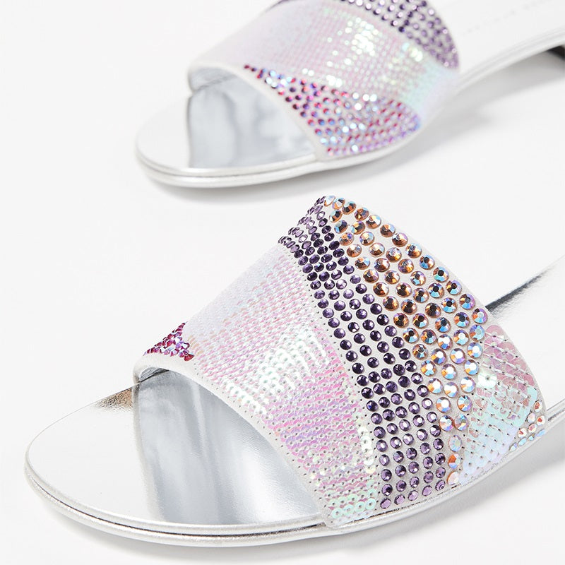 Silver Rhinestones Sequin Flats Slide Sandals for Women