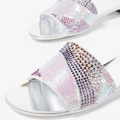 Silver Rhinestones Sequin Flats Slide Sandals for Women
