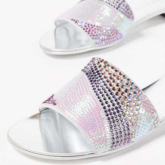 Silver Rhinestones Sequin Flats Slide Sandals for Women
