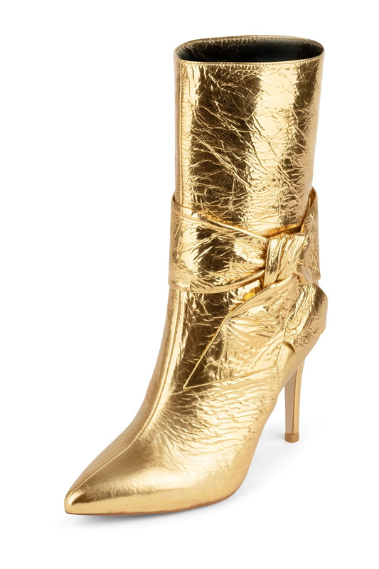 Gold Bow Stiletto Heel Pointed Toe Mid Calf Boots