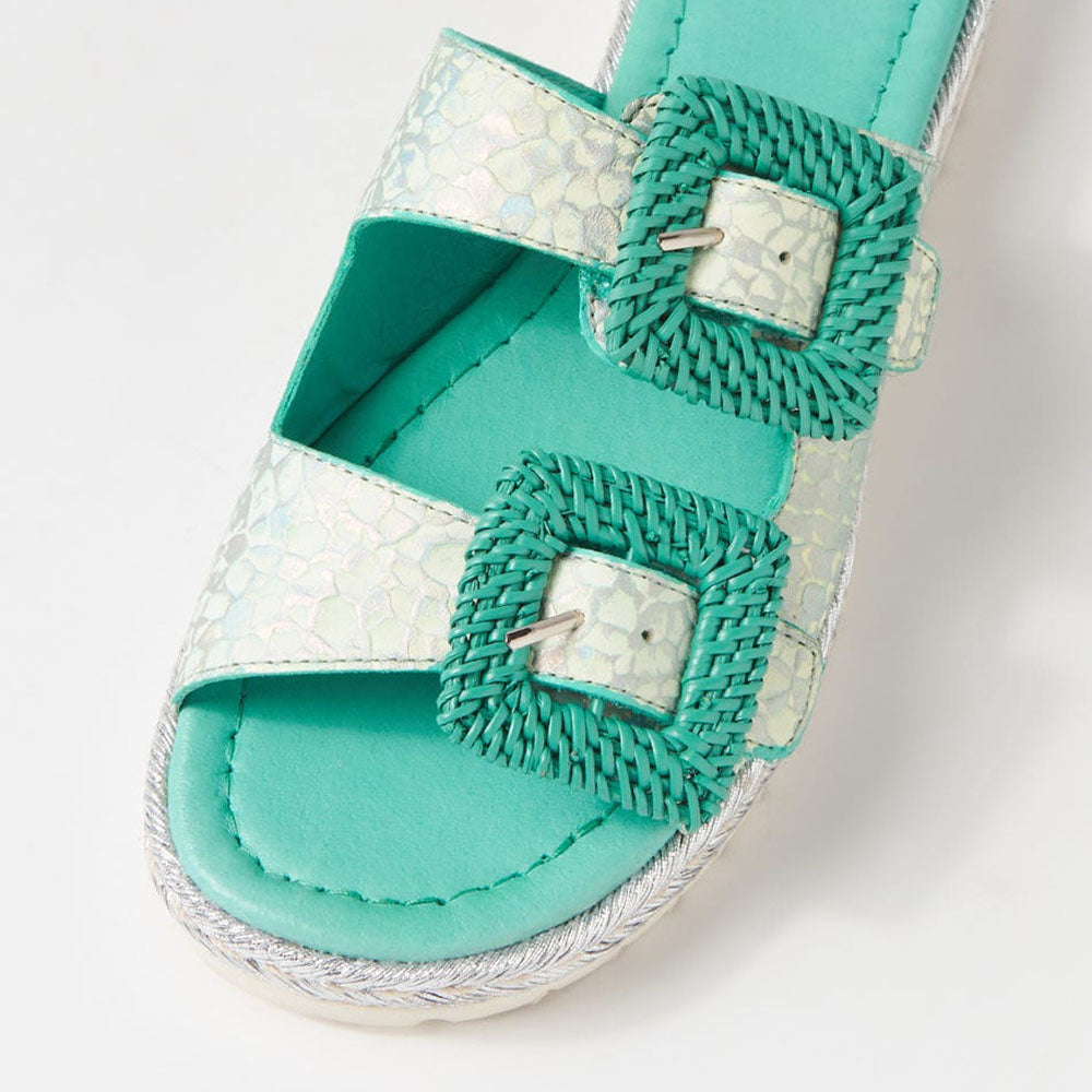 Women's Turquoise Woven Square Buckle Espadrille Slides Shoes