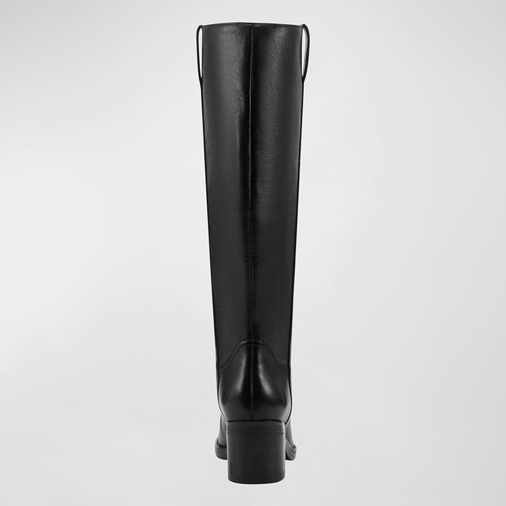 Black Round Toe Pull-on Block Heel Knee High Boots for Women