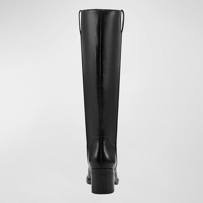 Black Round Toe Pull-on Block Heel Knee High Boots for Women