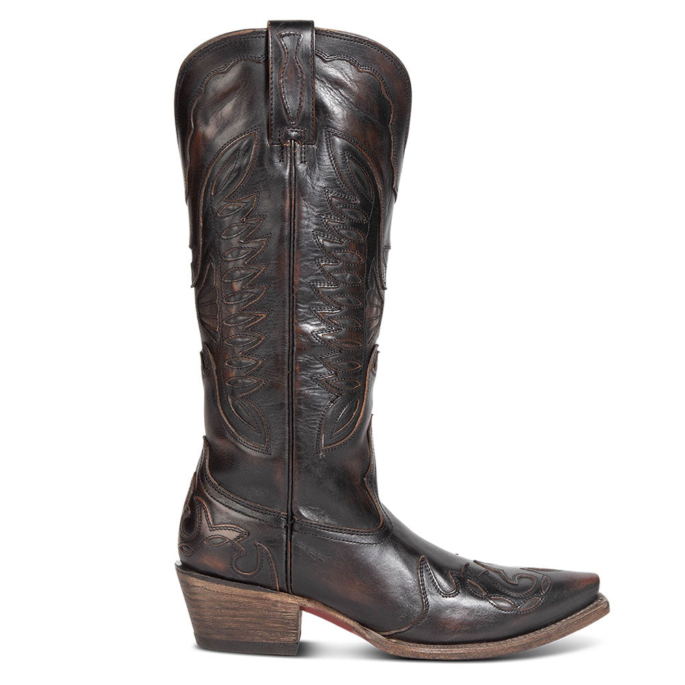 Black Snip Toe Chunky Heel Embroidered Knee High boots for Women