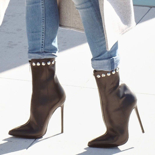 Black Vegan Leather Closed Toe Stiletto Heel Studded Ankle Boots