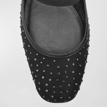 Elegant Crystal Embellished Mesh Round Toe Ballet Flats in Black