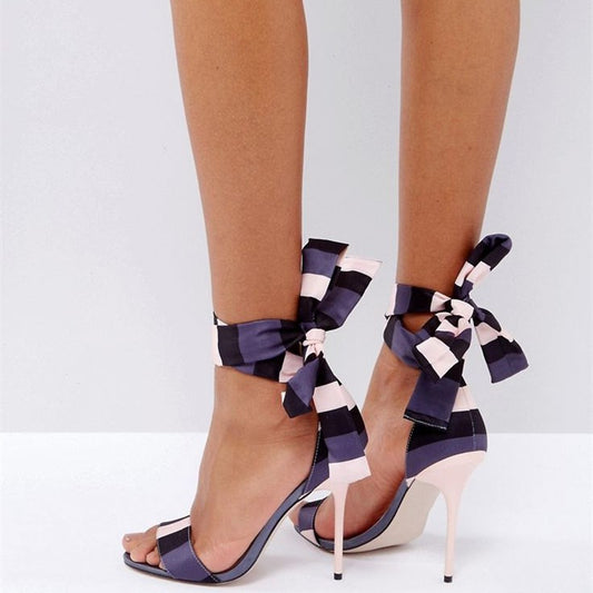 Purple & Ivory Striped Strappy Stiletto Heels Open Toe Party Sandals