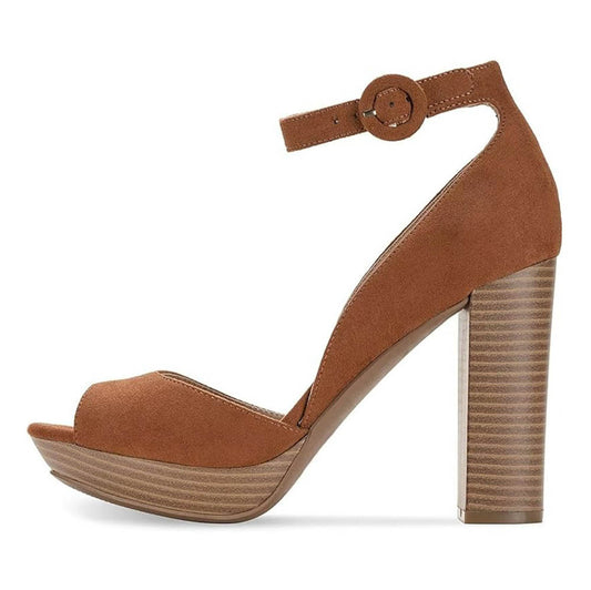 voyabags Brown Vegan Suede Peep Toe Ankle Strap Platform Heels
