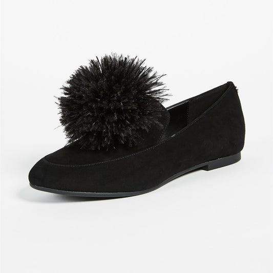 Black Vegan Suede Round Toe Pom Pom Flats Loafer Shoes Women