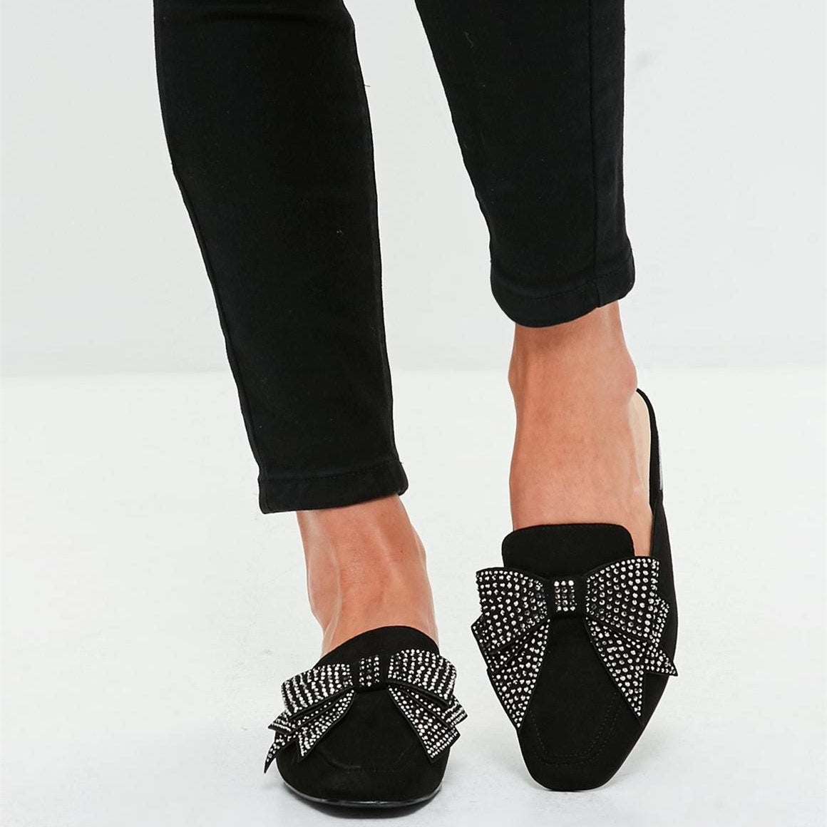 Black Vegan Suede Square Toe Mule Loafers with Rhinestone Bow