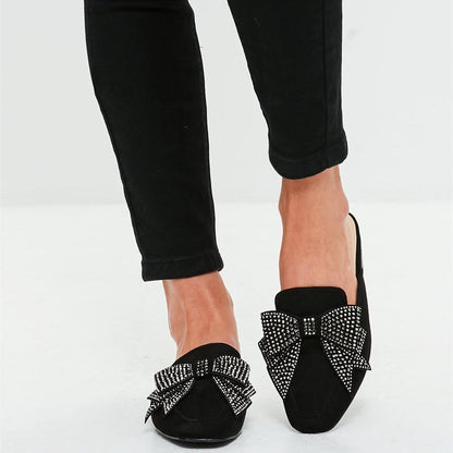 Black Vegan Suede Square Toe Mule Loafers with Rhinestone Bow