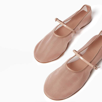 Comfortable Mesh Round Toe Buckled Strap Ballet Flats for Women