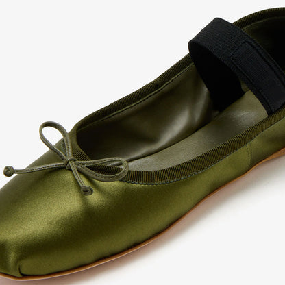 Olive Satin Round Toe Bow Accents Ballet Flats with A Strap