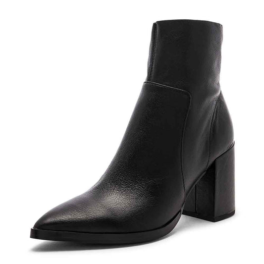 Black Vegan Leather Pointed Toe Chunky Heel Side-Zip Ankle Boots