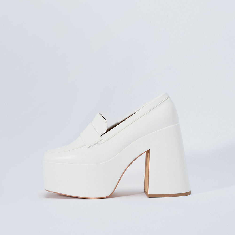 White Square Toe Chunky Heel Slip-On Platform Loafers