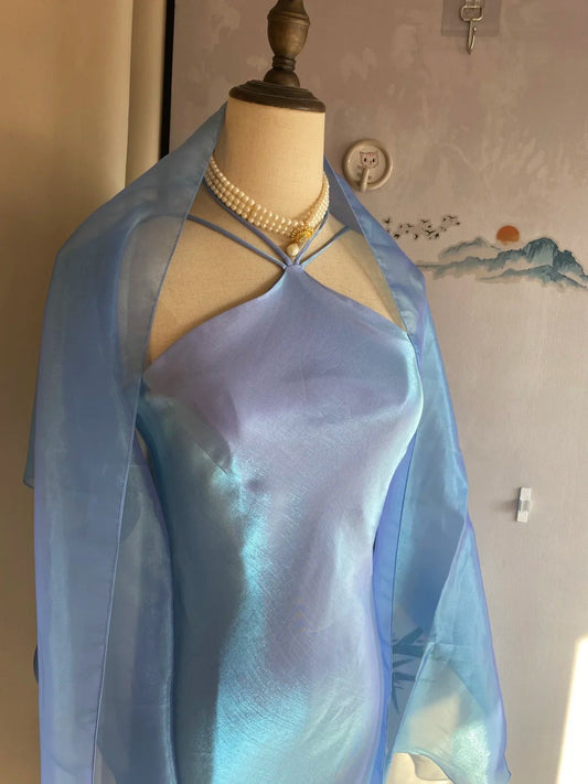 Elegant Blue Halter Neck Mermaid Satin Long Prom Dress Evening Dress P4172