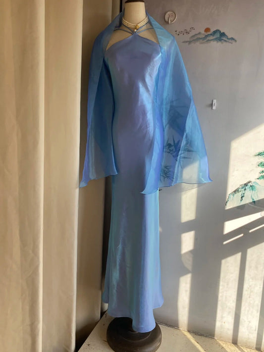 Elegant Blue Halter Neck Mermaid Satin Long Prom Dress Evening Dress P4172