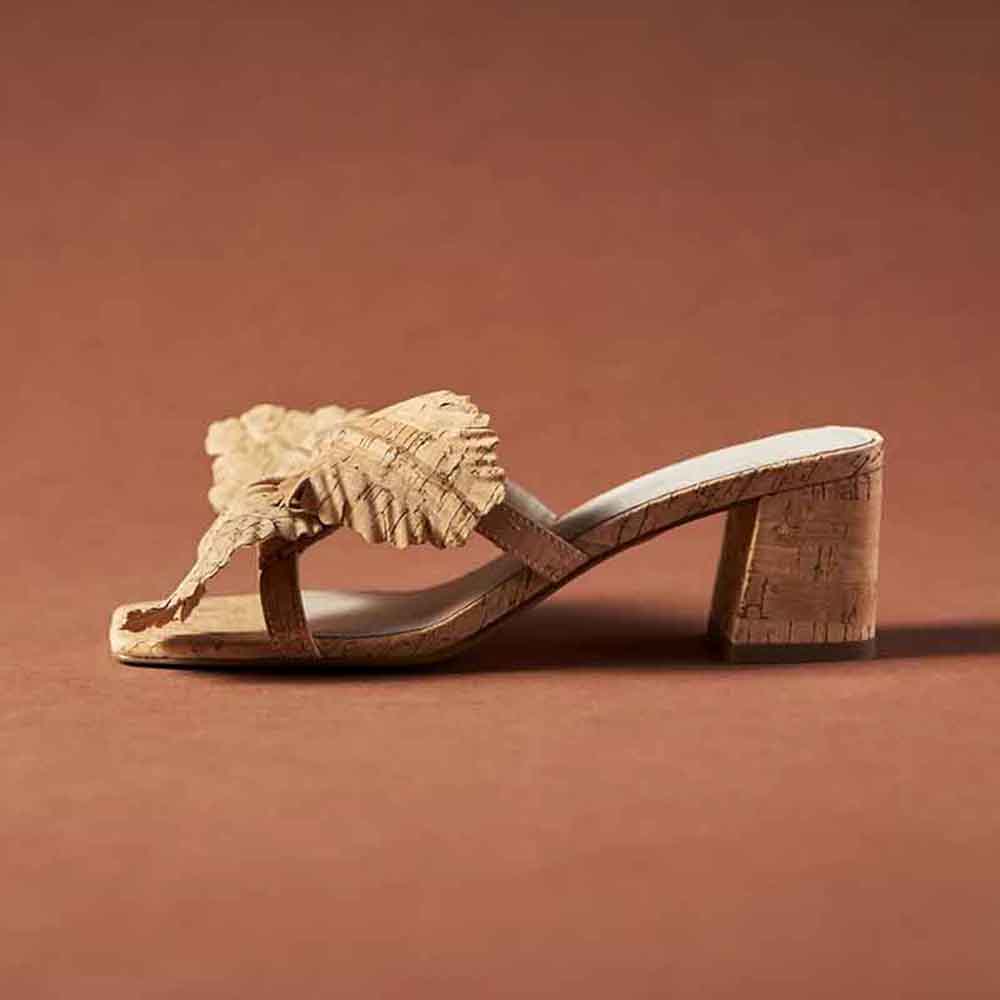 Beige Vegan Leather Square Toe Block Heel Floral Cork Mules