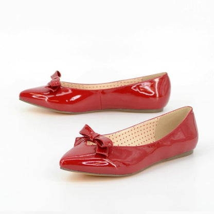 Red Pointed Toe Flats Vegan Patent Leather Vintage Shoes with Bow