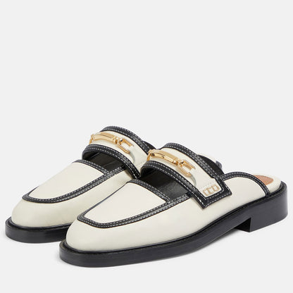 White & Black Round-Toe Low Block Heel Mule Loafers with Chain