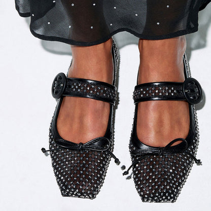 Black Mesh Square Toe Rhinestone Embellished Buckled Ballet Flats