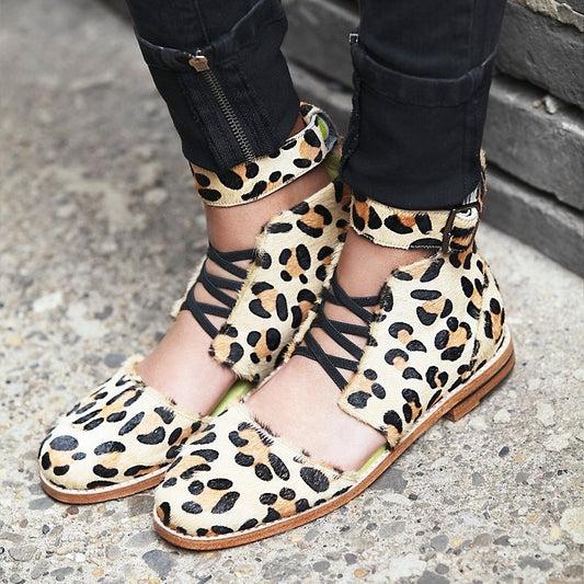 Women's Round Toe Buckle Ankle Strap Leopard Flats with Cutouts