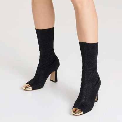 Black Metallic Knit Chunky Heel Mid Calf Boots with Gold-Tone Toe Cap