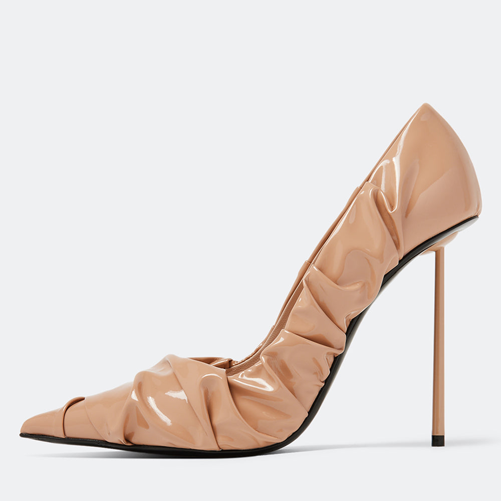 Women's Pointed Toe Nude Pumps Patent Leather Ruched Stiletto Heels