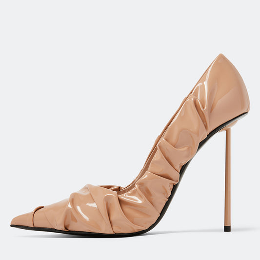 Women's Pointed Toe Nude Pumps Patent Leather Ruched Stiletto Heels