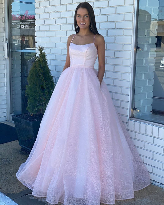 PM327,Spaghetti Straps Pink Prom Evening Dresses,Sparkle A-Line Ball Gown