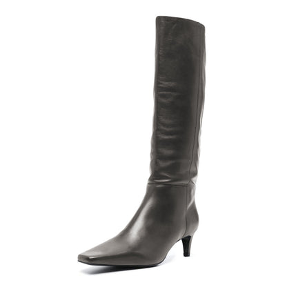 Black Vegan Leather Kitten Heel Knee High Boots with Square Toe