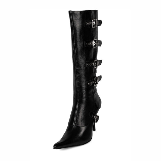 Pointy Toe Buckled Straps Stiletto Heel Knee High Boots in Black