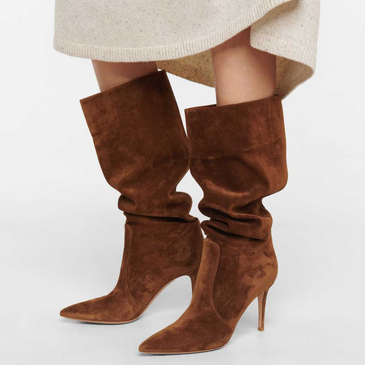Brown Vegan Suede Wide Calf Knee High Boots with Stiletto Heel