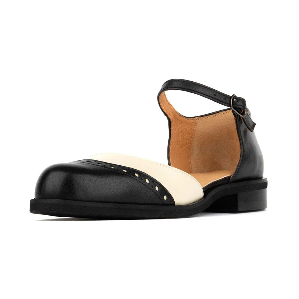 Black and Ivory Round Toe Perforated Ankle Strap Mary Jane Flats