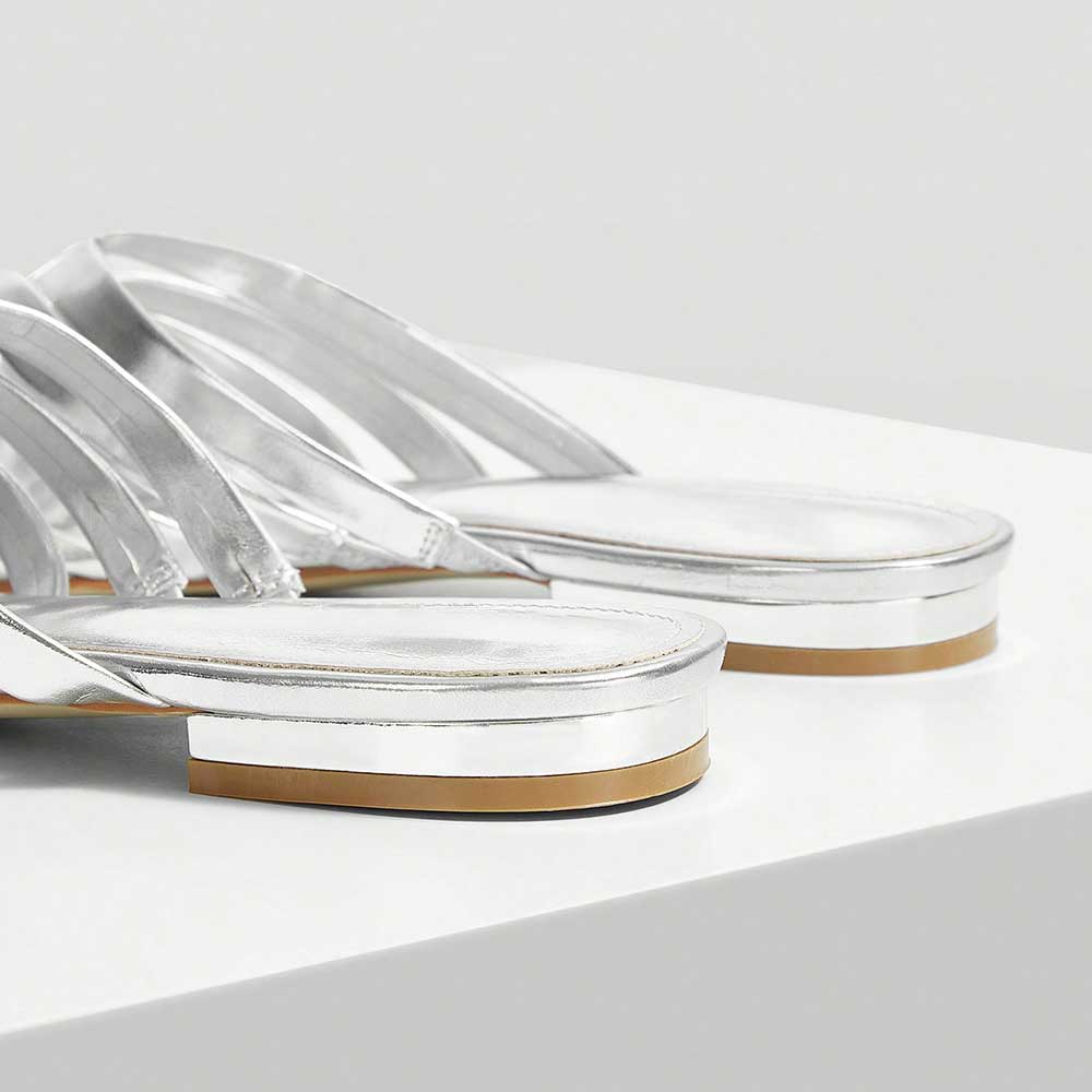 FSJ Metallic Finish Woven Pointed Toe Silver Flat Mules Shoes
