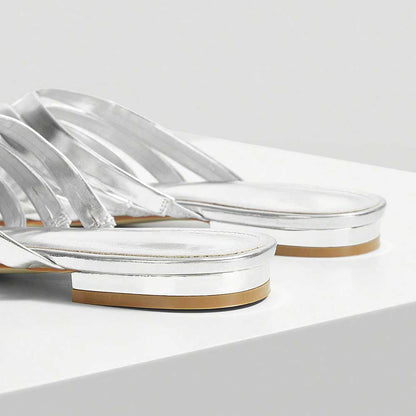 FSJ Metallic Finish Woven Pointed Toe Silver Flat Mules Shoes