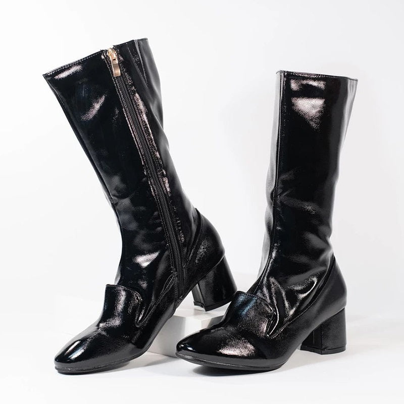 Black Chunky Heel Mid Calf Boots